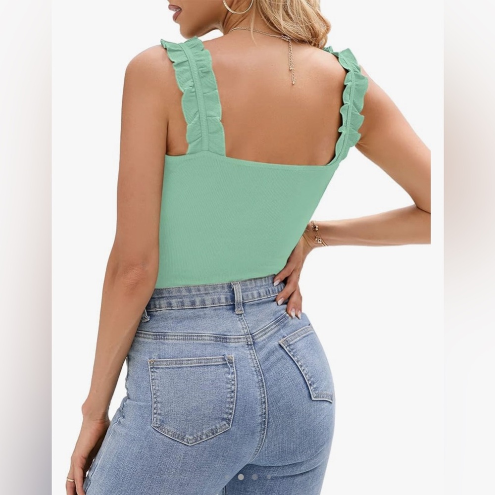 HERLOLLYCHIPS Tank Top Square Neck Ruffle Strap Ribbed Knit Tight Stretchy
